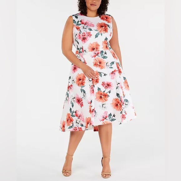 Calvin Klein Plus Size Floral-Print Fit & Flare Dress - Picture 1 of 8